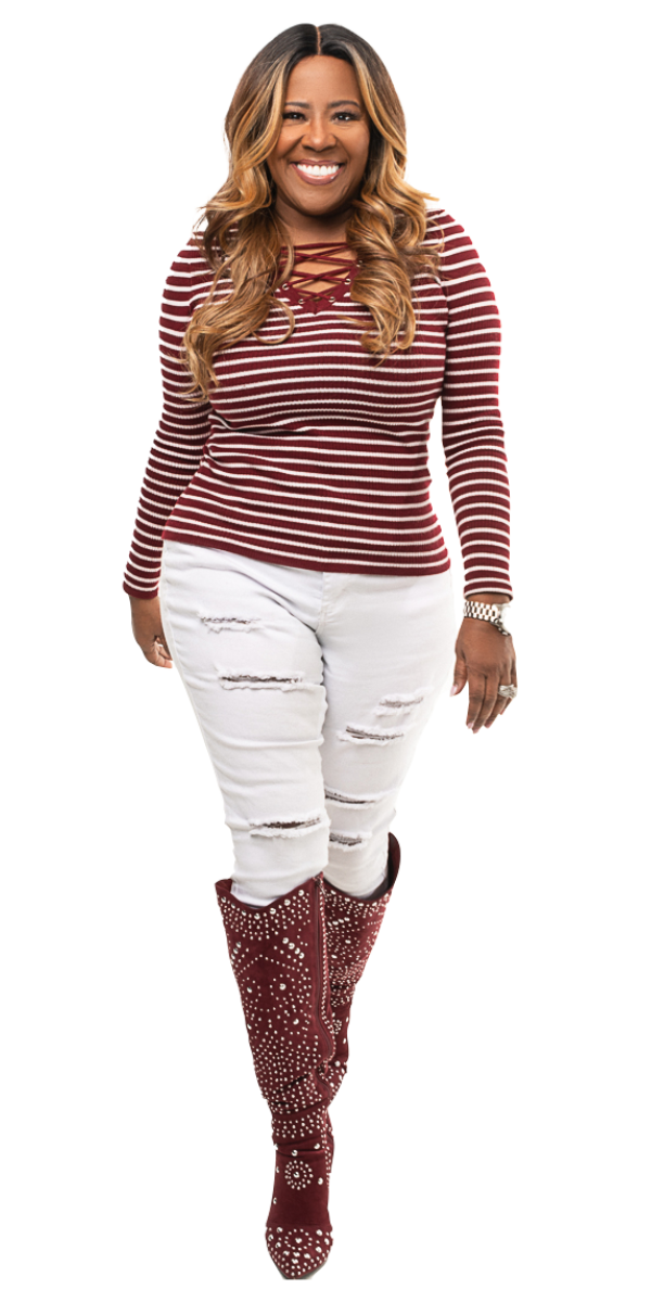 Linda Chatmon in striped shirt casual